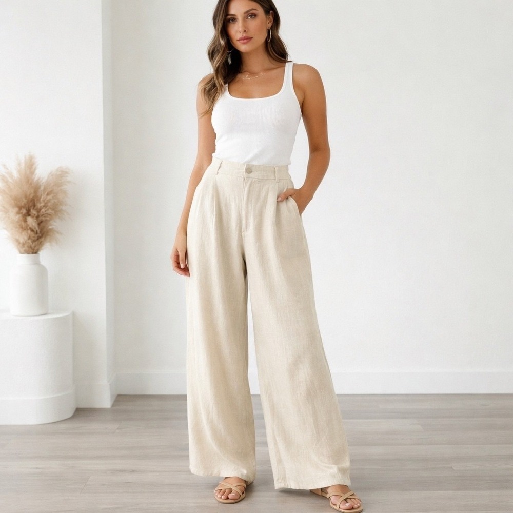 Rewash Linen Blend Wide Leg Pants Womens 5 Sand Beige Trouser NWT